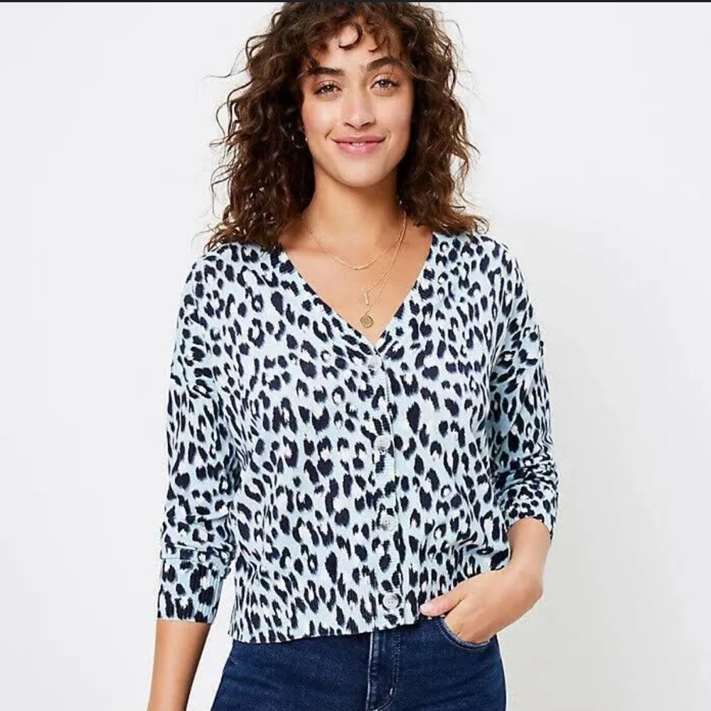 LOFT 100% Cotton Light Blue Leopard Print B/D V-neck Cardigan